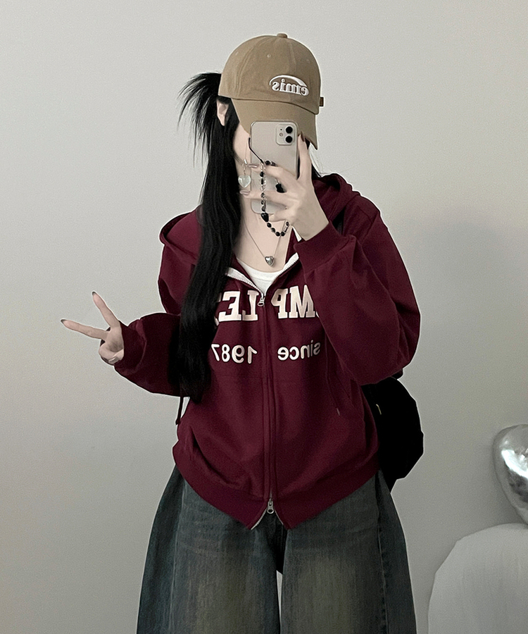 컴플레터링프린팅투웨이커버핏후드집업 버건디