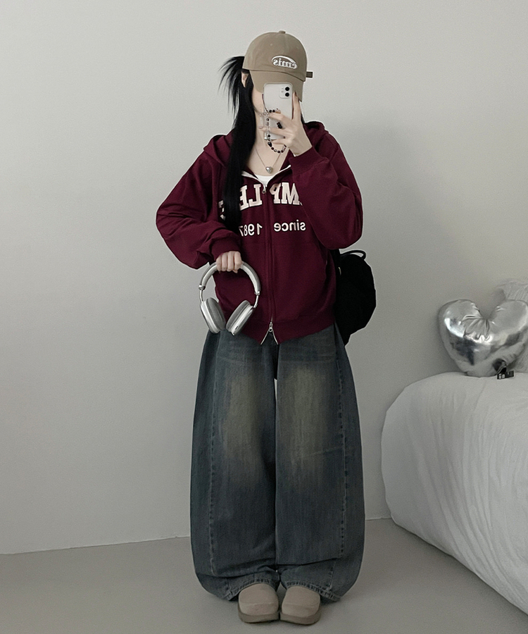 컴플레터링프린팅투웨이커버핏후드집업 버건디