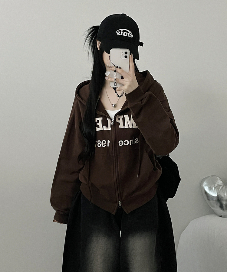 컴플레터링프린팅투웨이커버핏후드집업 진밤색