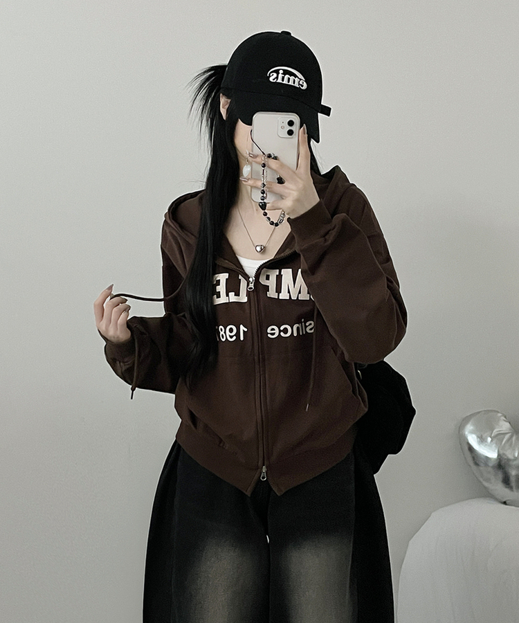 컴플레터링프린팅투웨이커버핏후드집업 진밤색