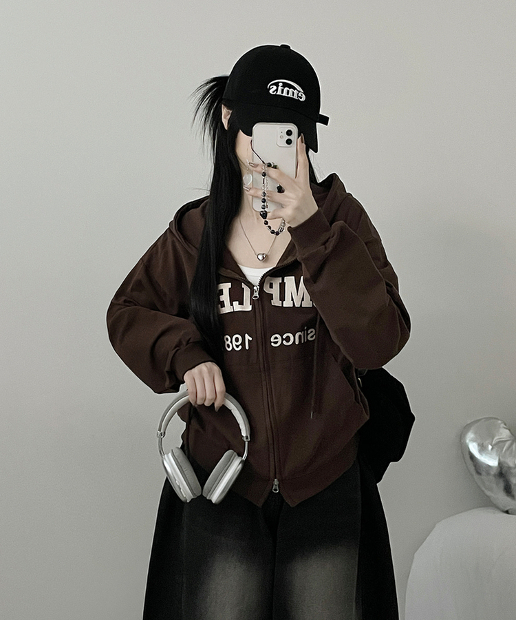 컴플레터링프린팅투웨이커버핏후드집업 진밤색