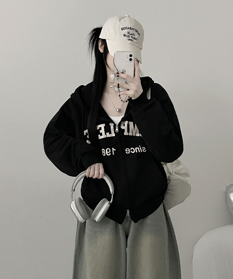 컴플레터링프린팅투웨이커버핏후드집업 블랙