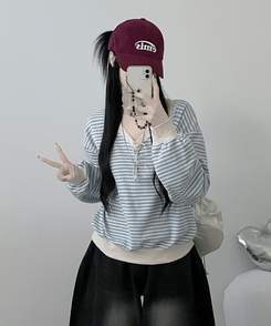 バイカラーVネックトレーナー SKY BLUE