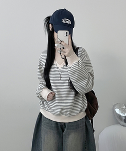 バイカラーVネックトレーナー GRAY