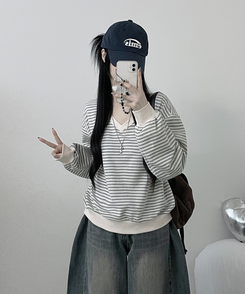 バイカラーVネックトレーナー GRAY