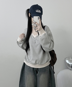 バイカラーVネックトレーナー GRAY