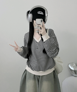 バイカラーVネックトレーナー BLACK