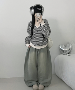 バイカラーVネックトレーナー BLACK