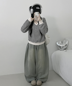 バイカラーVネックトレーナー BLACK