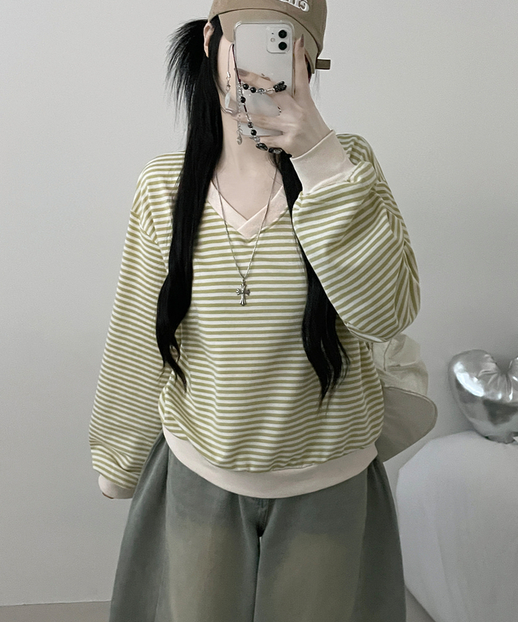 バイカラーVネックトレーナー MINT