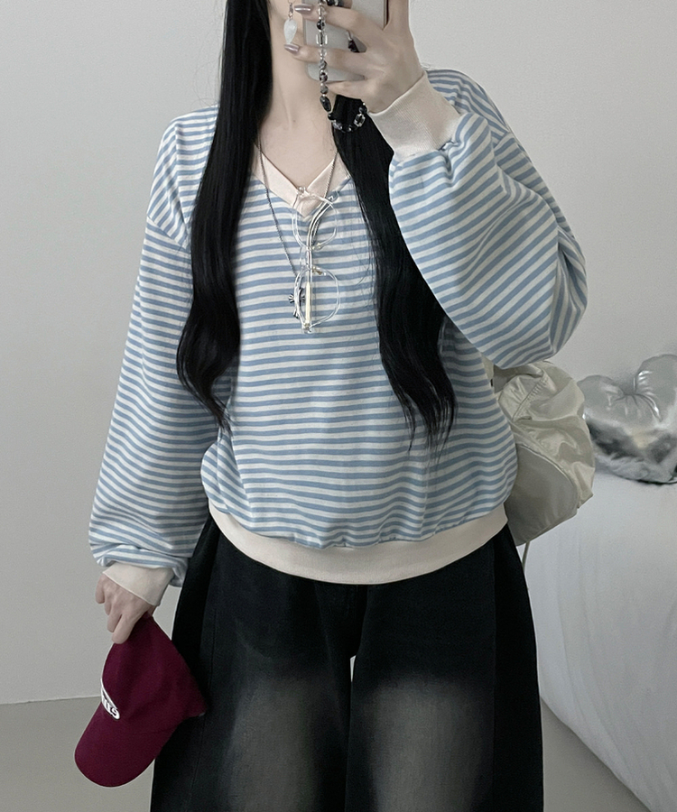 バイカラーVネックトレーナー SKY BLUE