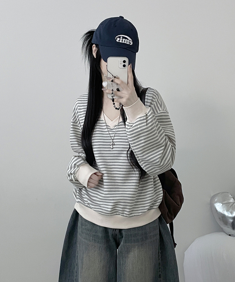 バイカラーVネックトレーナー GRAY