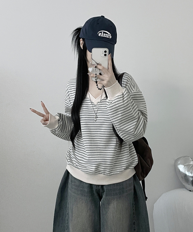 バイカラーVネックトレーナー GRAY