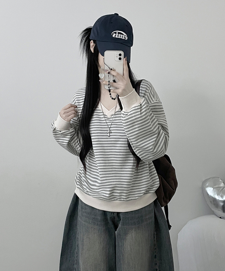 バイカラーVネックトレーナー GRAY