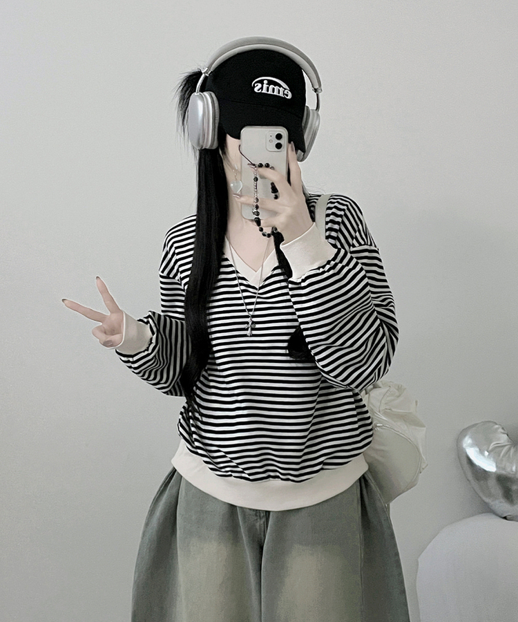 バイカラーVネックトレーナー BLACK