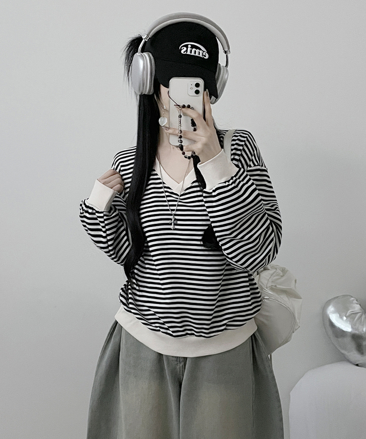 バイカラーVネックトレーナー BLACK