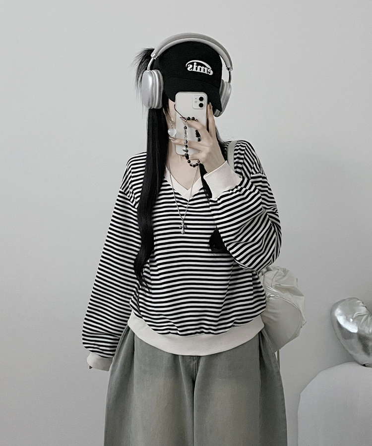 バイカラーVネックトレーナー BLACK