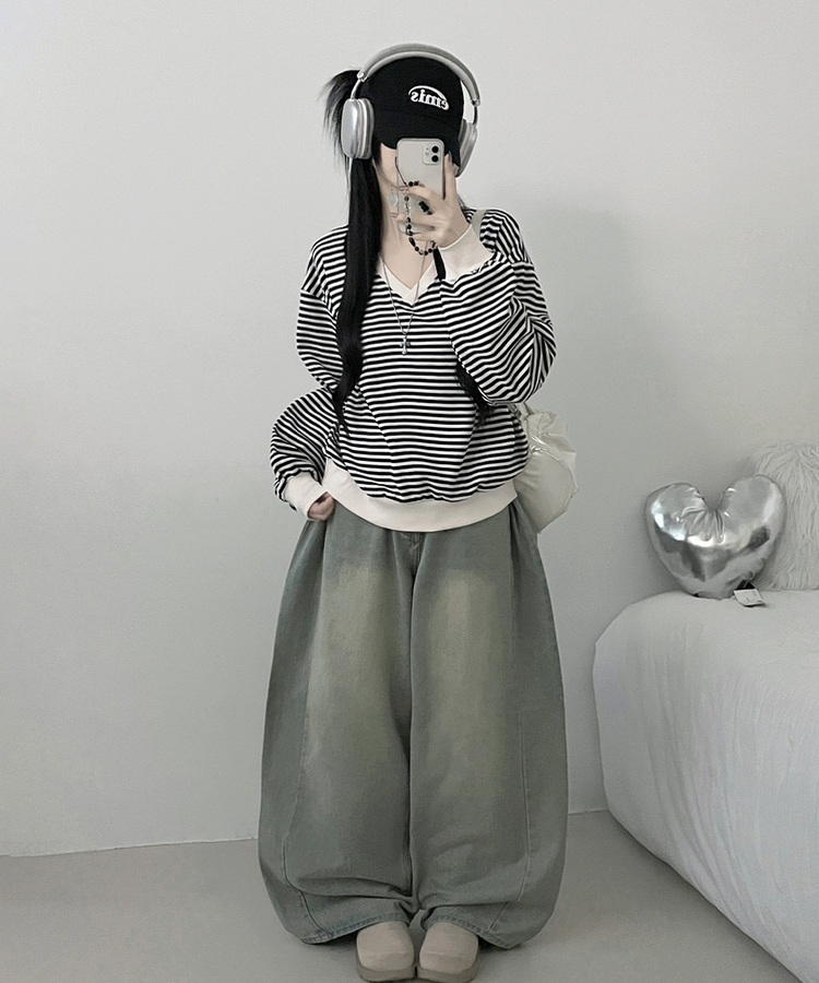 バイカラーVネックトレーナー BLACK