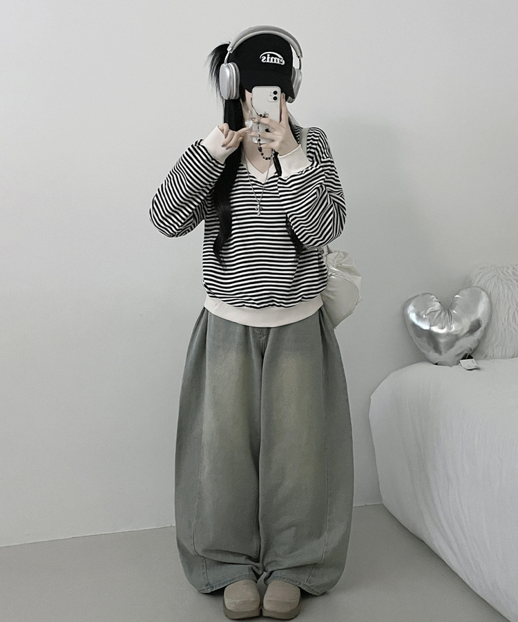 バイカラーVネックトレーナー BLACK