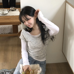 レイヤードニット長袖Tシャツ GREY