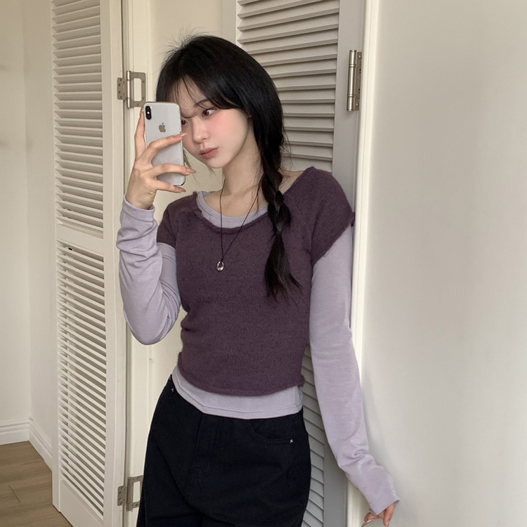 レイヤードニット長袖Tシャツ PURPLE