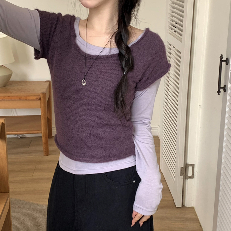 レイヤードニット長袖Tシャツ PURPLE