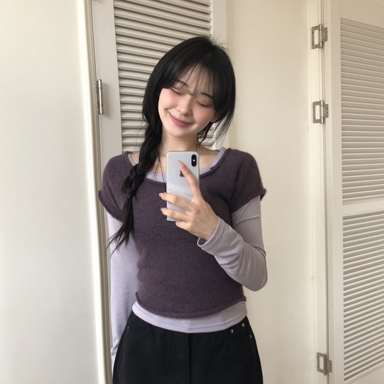 レイヤードニット長袖Tシャツ PURPLE