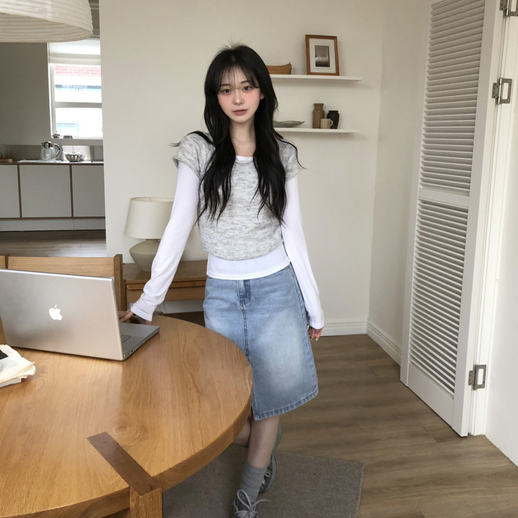 レイヤードニット長袖Tシャツ GREY