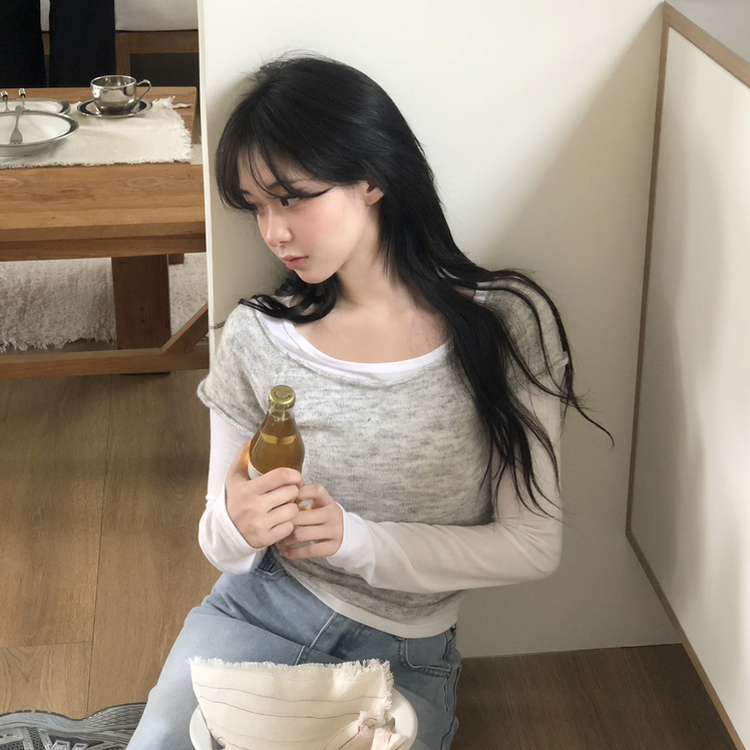 レイヤードニット長袖Tシャツ GREY