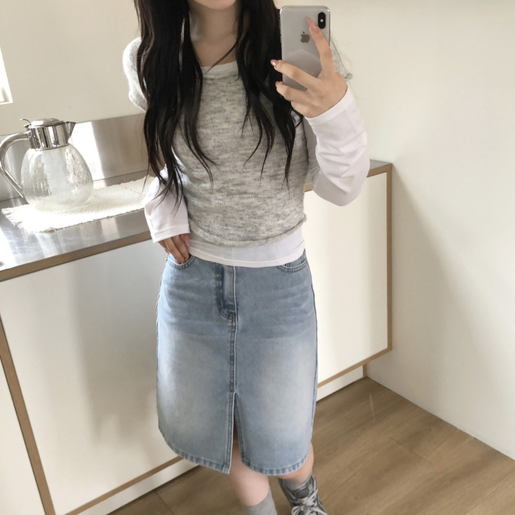 レイヤードニット長袖Tシャツ GREY