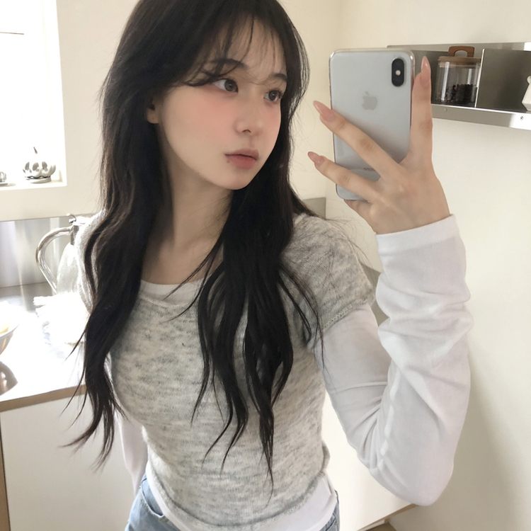 レイヤードニット長袖Tシャツ GREY