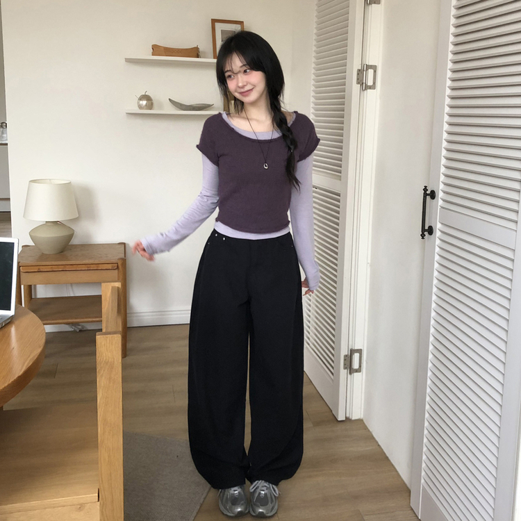 レイヤードニット長袖Tシャツ PURPLE