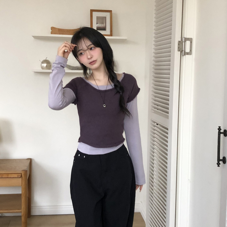 レイヤードニット長袖Tシャツ PURPLE