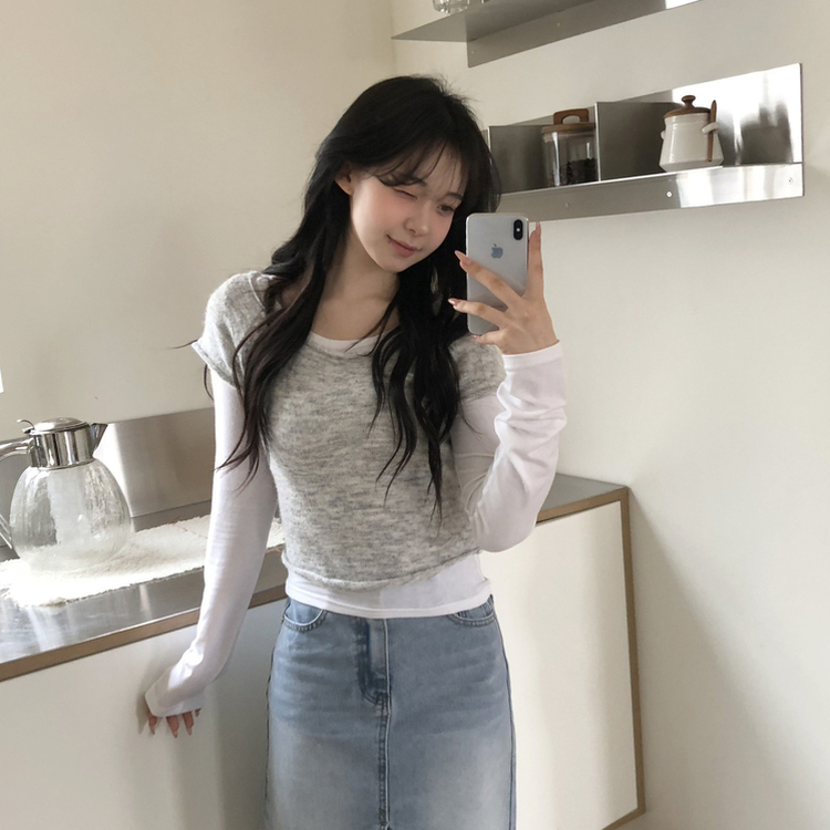 レイヤードニット長袖Tシャツ GREY