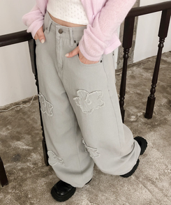 フラワー刺繍ワイドバルーンパンツ GREY