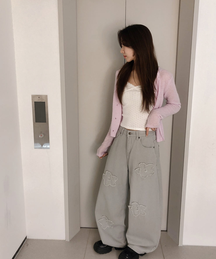 フラワー刺繍ワイドバルーンパンツ GREY