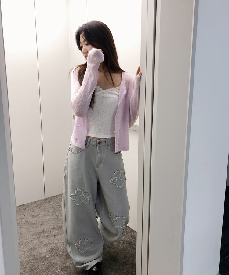 フラワー刺繍ワイドバルーンパンツ GREY