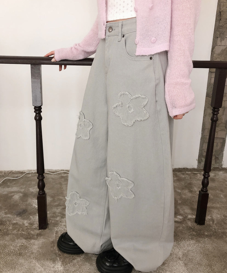 フラワー刺繍ワイドバルーンパンツ GREY