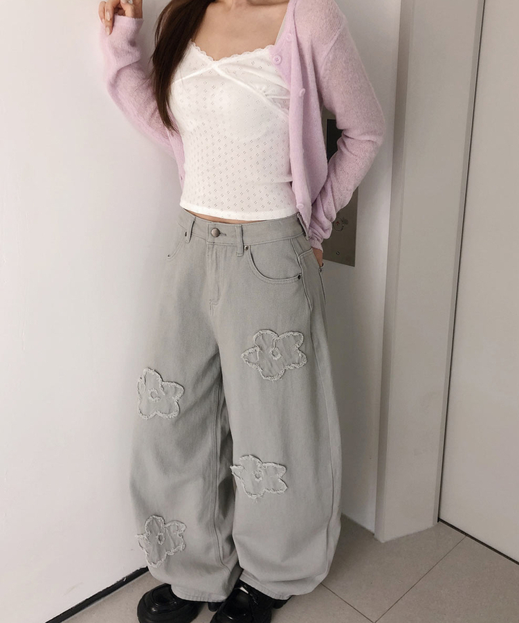 フラワー刺繍ワイドバルーンパンツ GREY