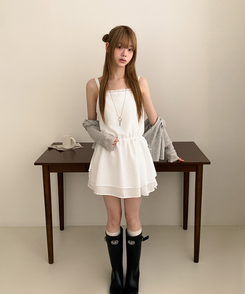 ストラップビスチェリボンレイヤードミニワンピース WHITE