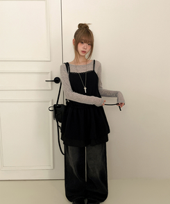 ストラップビスチェリボンレイヤードミニワンピース BLACK