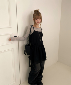 ストラップビスチェリボンレイヤードミニワンピース BLACK