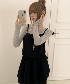 ストラップビスチェリボンレイヤードミニワンピース BLACK