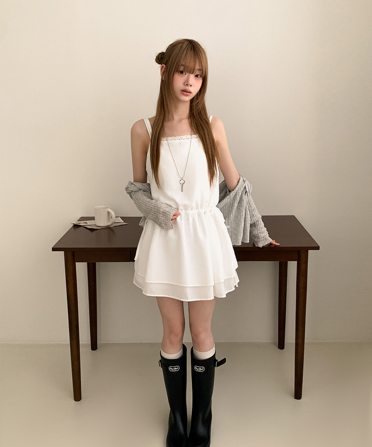 ストラップビスチェリボンレイヤードミニワンピース WHITE