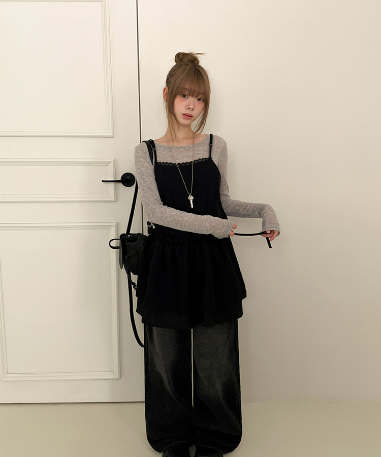 ストラップビスチェリボンレイヤードミニワンピース BLACK