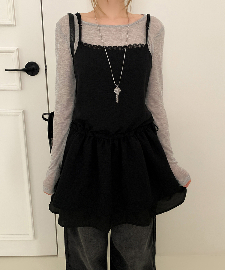 ストラップビスチェリボンレイヤードミニワンピース BLACK