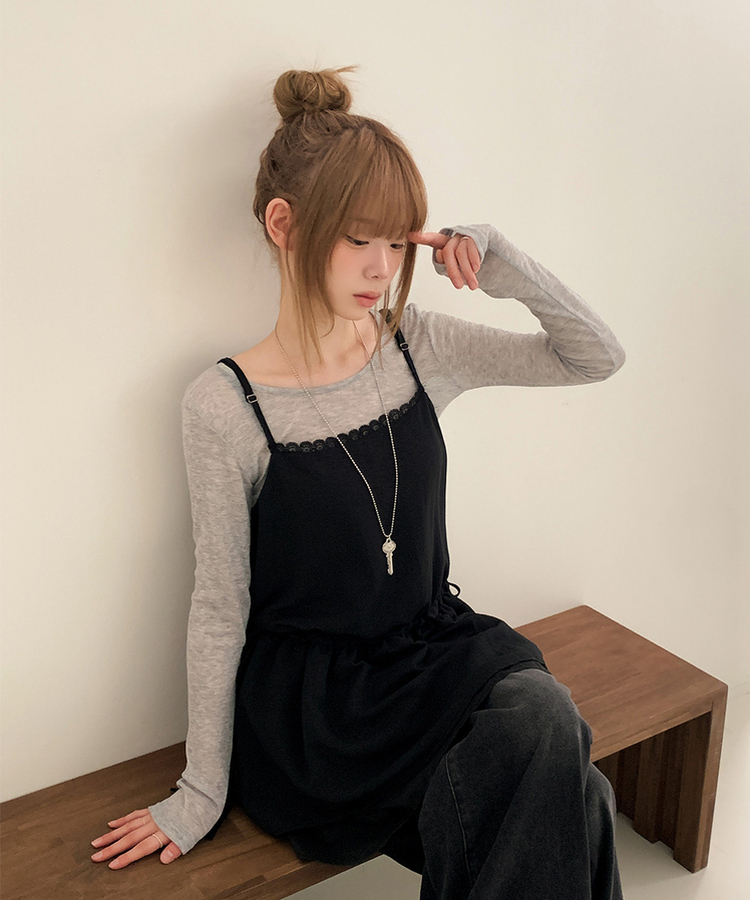 ストラップビスチェリボンレイヤードミニワンピース BLACK