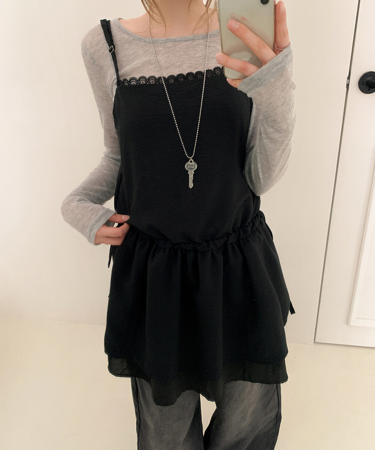 ストラップビスチェリボンレイヤードミニワンピース BLACK