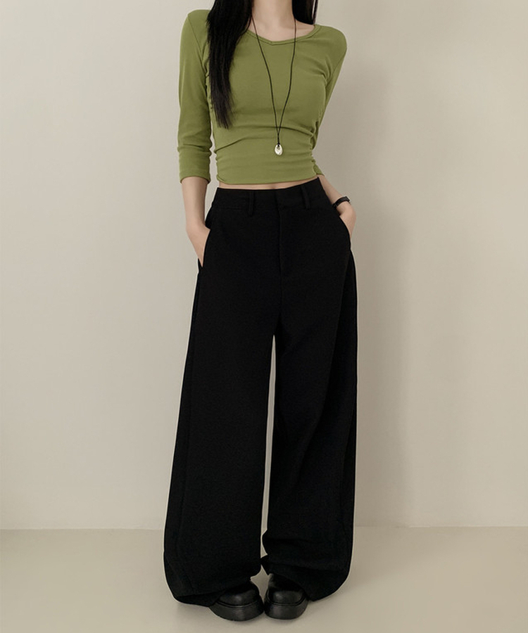 【丈別】ピンタックワイドスラックスパンツ BLACK