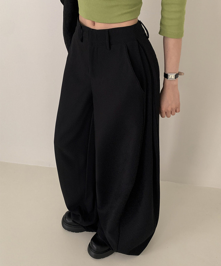 【丈別】ピンタックワイドスラックスパンツ BLACK